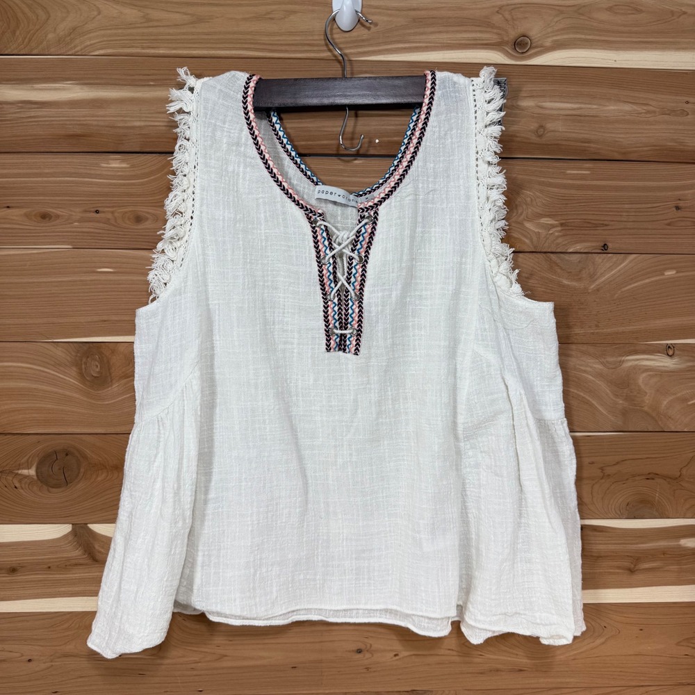 Paper Crane Summer Tank‎ Top Sleeveless Fringe Trim Lace Up White Casual Size M